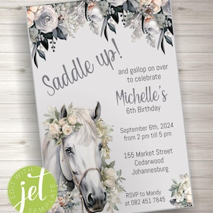 Editable Floral Horse Birthday Invitation, Girl Saddle Up Invite, Party Horse Invite, Floral Farm Birthday Invitation, Instant Download
