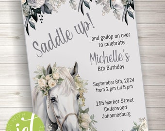 Editable Floral Horse Birthday Invitation, Girl Saddle Up Invite, Party Horse Invite, Floral Farm Birthday Invitation, Instant Download