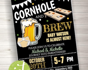Editable Cornhole and Beer Baby Shower Invitation Chalkboard Baby Sprinkle Baby Q, Grill Couples Shower BBQ Party, Instant download