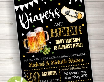 May include: A black and yellow baby shower invitation with the text "Diapers and Beer" and a cartoon image of beer and a diaper. The invitation is for a baby shower honoring Michael & Michelle Watson on October 20th from 1 pm to 5 pm. The address is 145 Galena Street, Johannesburg 2000. RSVP to Mandy at 082 451 7845 before October 10th.