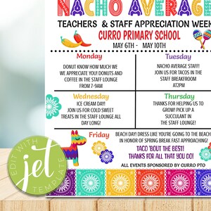Cartel editable del itinerario de la Semana de agradecimiento a los maestros de Nacho Average, calendario de eventos de la Semana de agradecimiento a los maestros con temática de fiesta, descarga instantánea