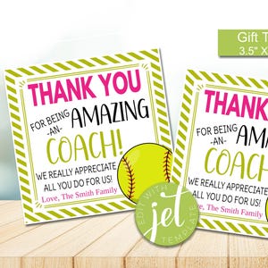 Editable Softball Coach Gift Tag, Thank You to an Amazing Coach, instant download