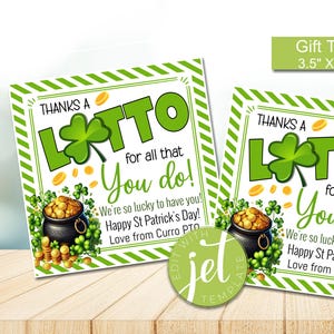 Könnte beinhalten: Quadratische St. Patrick's Day-Geschenkanhänger, 8,9 cm x 8,9 cm, mit grün-weißen Streifen. Die Anhänger zeigen ein grünes Kleeblatt, Goldmünzen und einen Goldtopf. Der Text enthält "Thanks a Lotto" und "Happy St Patrick's Day!"