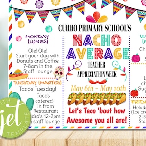 Cartel editable del itinerario de la Semana de agradecimiento a los maestros de Nacho Average, calendario de eventos de la Semana de agradecimiento a los maestros con temática de fiesta, descarga instantánea