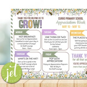 Itinéraire MODIFIABLE de la semaine d'appréciation des enseignants, Remerciements, aidez-nous à faire pousser des fleurs florales, thème du jardin, programme d'événements, téléchargement immédiat