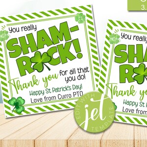 Etiquetas de presente editáveis do dia de São Patrício Shamrock, You Sham-Rock Obrigado, funcionário, escola, professor, equipe, enfermeira, presente de agradecimento