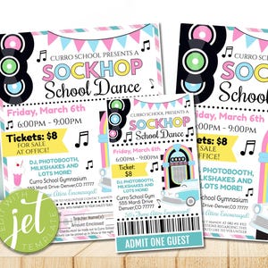 EDITIERBARE 50er Jahre Thema Sock Hop Schultanz Invite Set, Sock Hop Form, Sock Hop Flyer und Ticket-Spendenaktion und Ticket, INSTANT DOWNLOAD