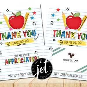 Porte-cartes de remerciement modifiable, cadeau de la semaine d'appréciation des enseignants imprimable, PTA, Pto, porte-cartes cadeau café, téléchargement immédiat