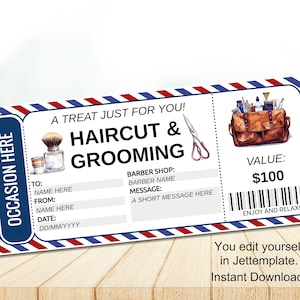 Plantilla de vale editable para corte de pelo y aseo personal. Certificado de regalo de peluquería. Certificado de regalo de peluquería y corte de pelo 7. Editable para cualquier ocasión