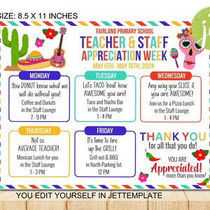 EDITABLE Teacher & Staff Appreciation Week Flyer, Itinerary Week Invite, Mexican Fiesta, Nacho, Taco, Serape, INSTANT DOWNLOAD