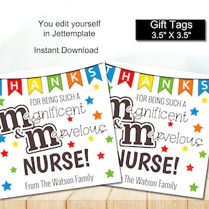 Editable Thank You Nurse Appreciation Gift Tags for M&Ms Candy, nurse appreciation tag, Instant download RO1595
