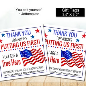 Bewerkbaar cadeaulabel American Hero Appreciation, bedankje militaire soldaat First Responder, patriottische politiemedewerker SA7281
