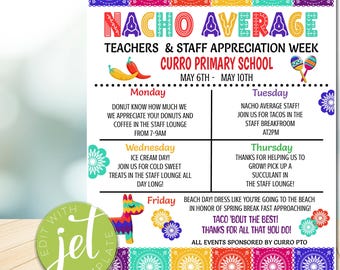 EDITABLE Nacho Average Teacher Appreciation Week Itinerary Poster, Fiesta Theme Appreciation Week Schedule Events, Instant download