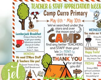 Folleto editable del itinerario de la Semana de agradecimiento a los maestros con temática de campamento, descarga instantánea