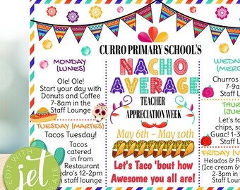 EDITABLE Nacho Average Teacher Appreciation Week Itinerary Poster, Fiesta Theme Appreciation Week Schedule Events, Instant download