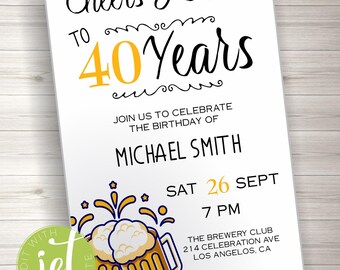 Editable 40th Birthday Invitation Man Adult Any Age Cheers to 40 Years Party Invite  Beer, Instant download