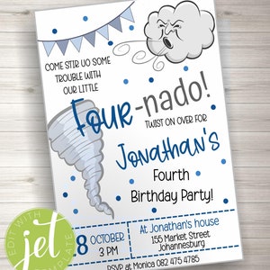 Editable Tornado Birthday Party Invitation, Storm Chaser Fourth Birthday Four-nado Kids Party, Boy Twister, Instant download