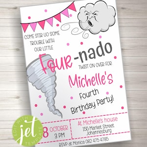Editable Tornado Birthday Party Invitation, Storm Chaser Fourth Birthday Four-nado Kids Party, Girls Twister, Instant download