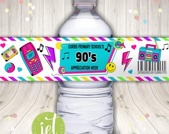 Editable 80s 90s Party Theme Teacher Appreciation Printable Water Bottle Labels, Instant download
