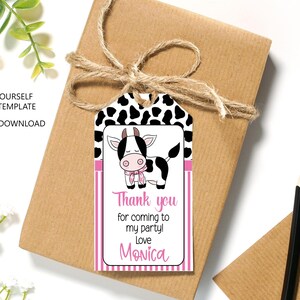 EDITABLE Cow Birthday Party Favor Tags, Cow Favor Tags Template, Printable Farm Gift Tags, Girl Barnyard Party, instant download