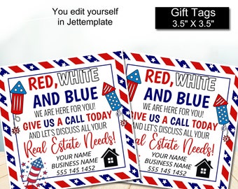 Editable Patriotic Referral Pop By Tags, Red White and Blue We're Here For All of Your Real Estate Needs, Realtor Gift Business Marketing