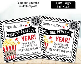Etiqueta de regalo editable con la frase &quot;Gracias por un año perfecto&quot; para profesores, enfermeras, empleados, voluntarios. Descarga instantánea