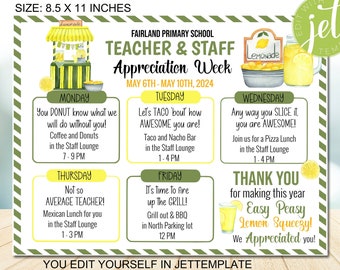 Puede incluir: Un horario imprimible de la semana de apreciación del profesorado de 8,5 x 11 pulgadas con un tema de puesto de limonada. El horario incluye actividades diarias para cada día de la semana, como café y donuts, bar de tacos y nachos, almuerzo de pizza y un almuerzo mexicano. El texto "Fairland Primary School Teacher & Staff Appreciation Week May 6th-May 10th, 2024" está en la parte superior del horario.