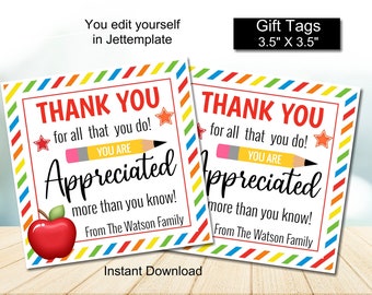 Bewerkbare Teacher Appreciation-tags, Teacher Appreciation Week-tags, Bedankt-tag voor leraar, Leraar-tag, Teacher Appreciation Week-tags