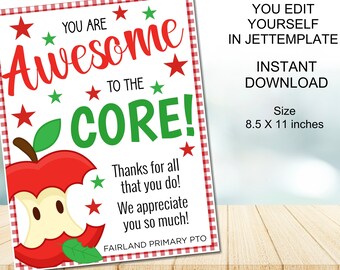 Editable Apple Sign, You Are Awesome to the Core, Staff Teacher Appreciation Week, End of School Pto Pta Thank You Decor, INSTANT DOWNLOAD