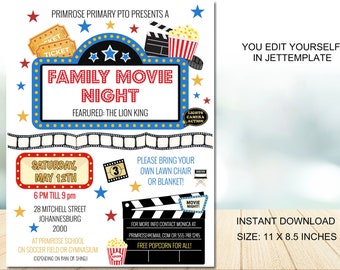 EDITABLE Movie Night Flyer, Printable PTA PTO Flyer, School Church Benefit Fundraiser Event Poster Digital Cinema Party Invitation ZF7680