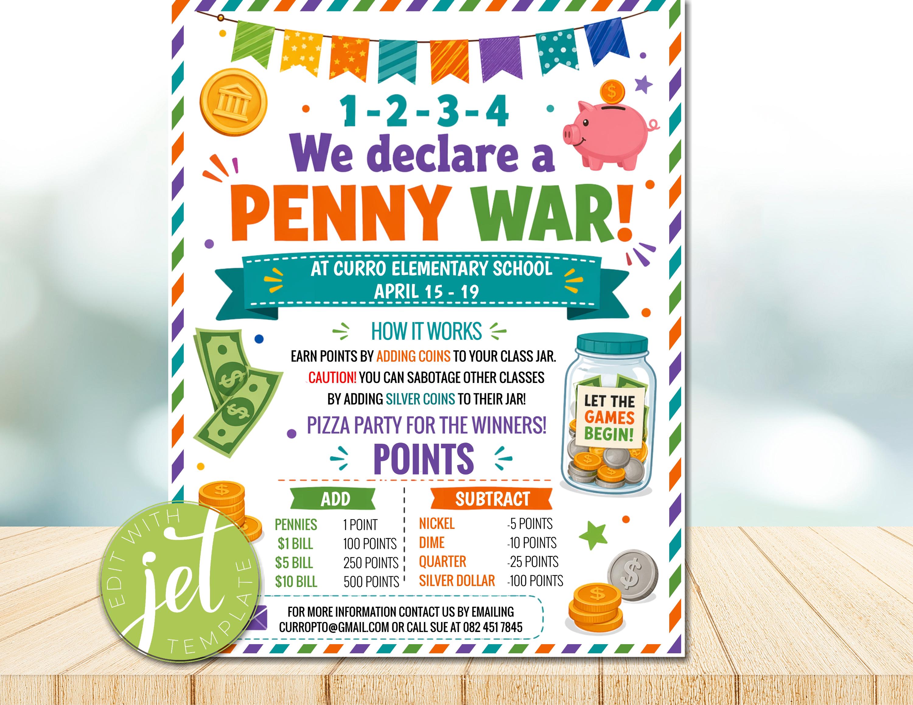 Penny Wars Fundraiser Flyer Template, School Coin Drive Poster ...