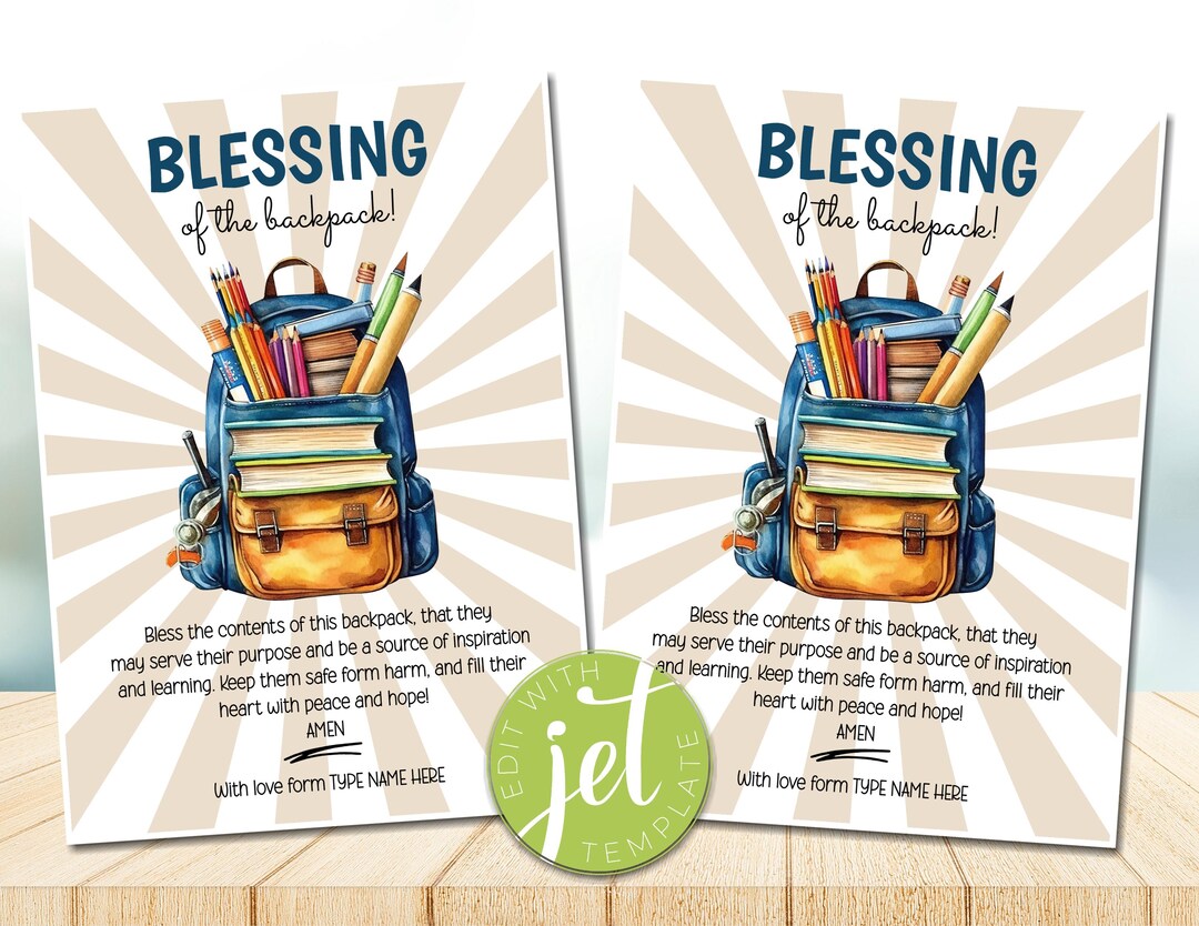 Editable Backpack Blessing Tag Back to School, Printable Gift Card ...