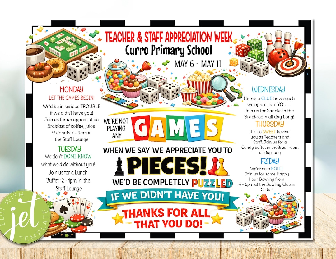 Teacher Appreciation Week Itinerary Flyer, Games Theme Staff ...