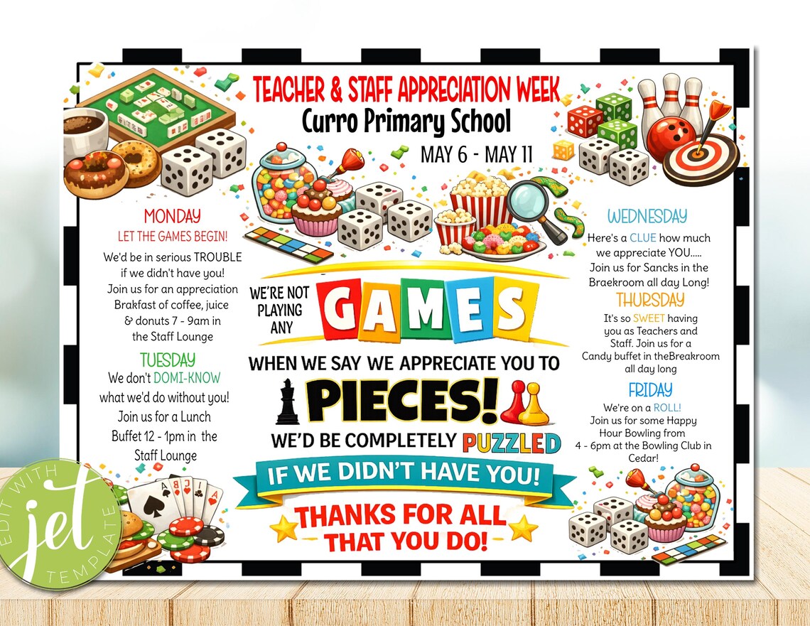 Teacher Appreciation Week Itinerary Flyer, Games Theme Staff ...