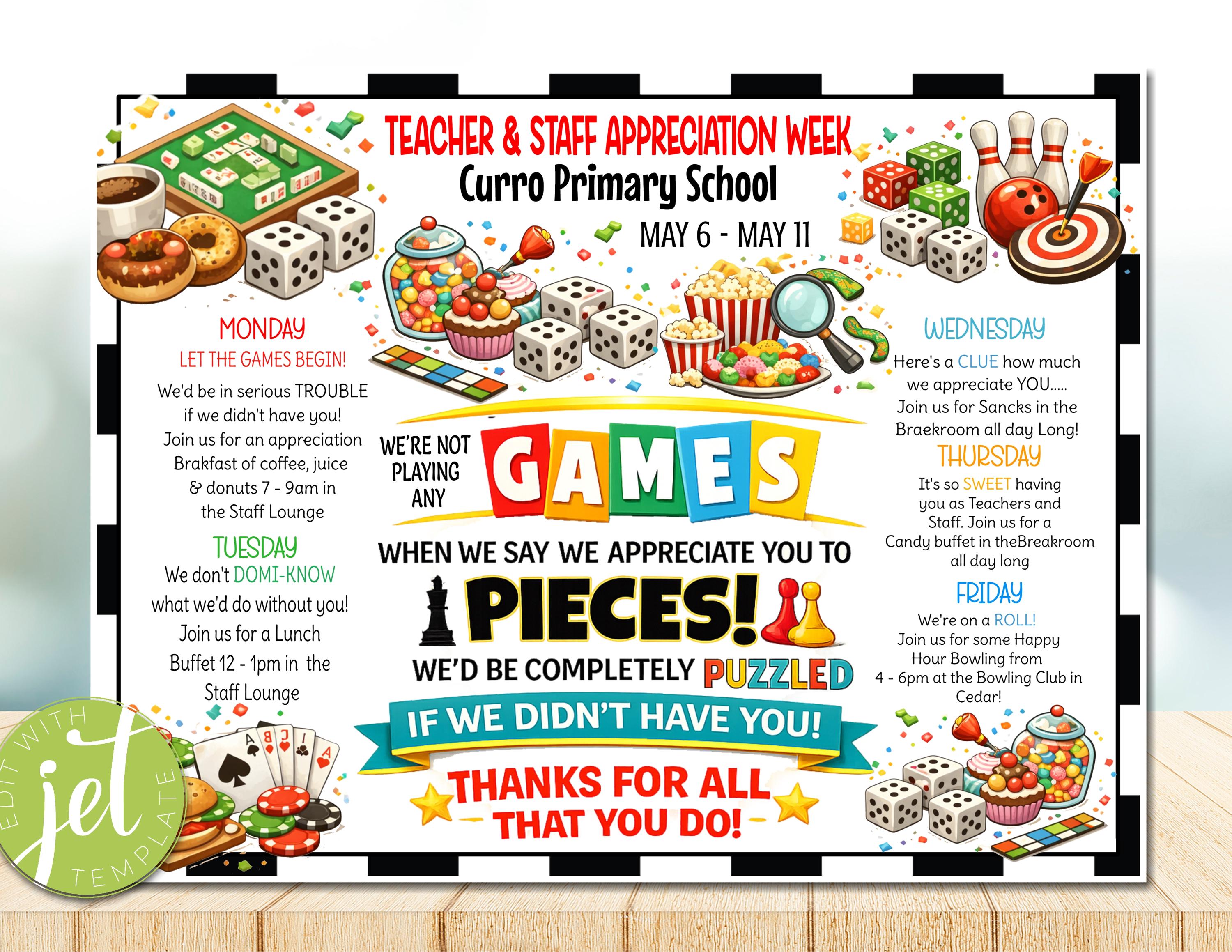 Teacher Appreciation Week Itinerary Flyer, Games Theme Staff ...
