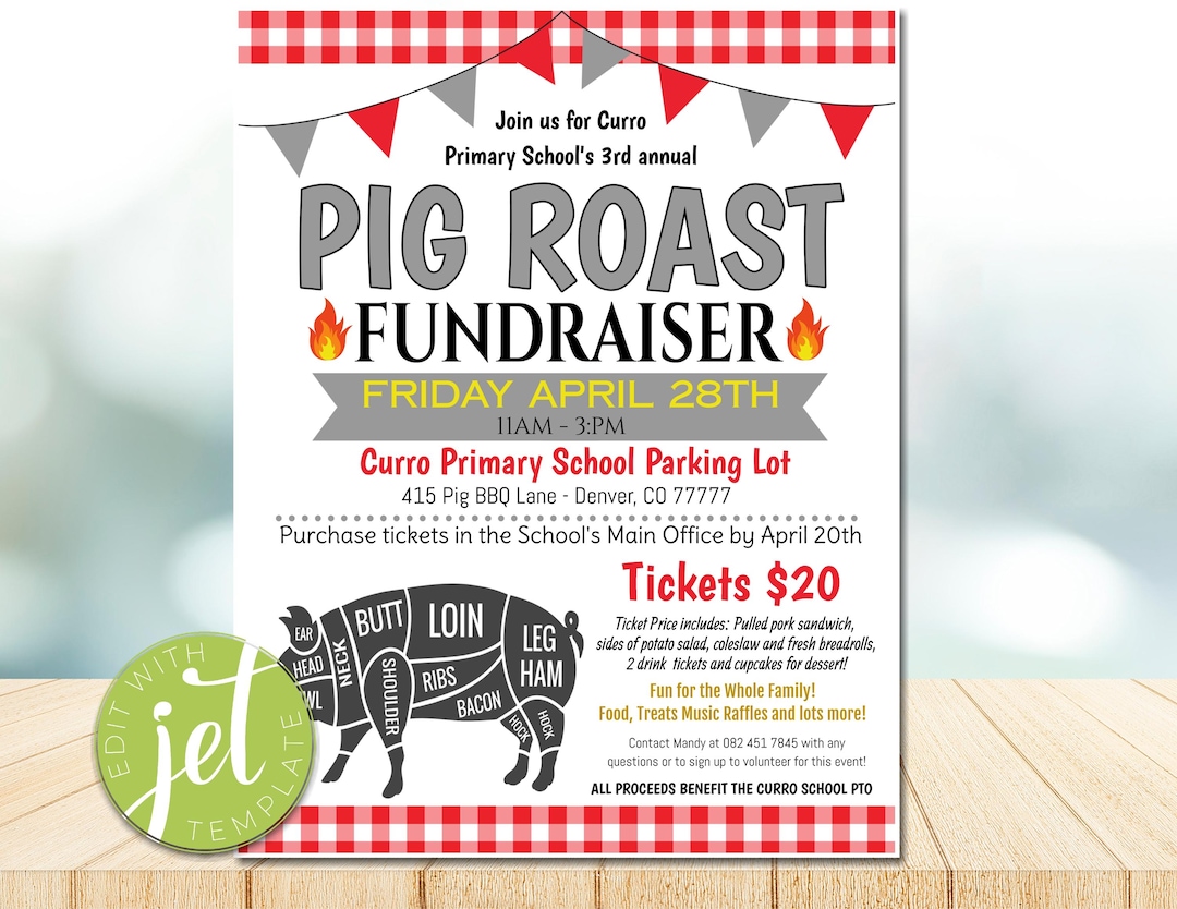 Hog Raffle Sign Editable Pig Roast Fundraiser Flyer Ticket Poster Set, Pto Pta, Church ...