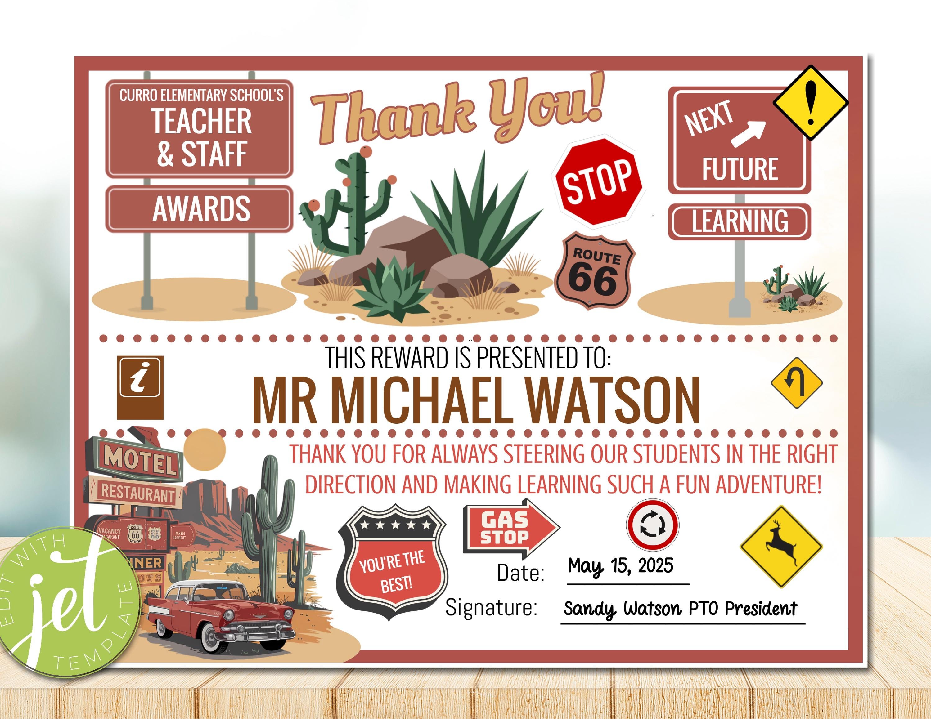 Road Trip Theme Teacher Appreciation Awards Certificates, Staff ...