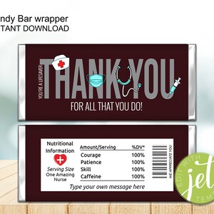 Editable Nurse Thank You Candy Wrapper, Nurses, Hospital Nurse, Gift, Candy Bar Wrapper, Medical, Essential Staff, Instant Download