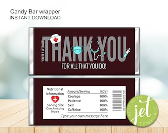 Envoltorio de caramelos de agradecimiento para enfermeras, editable, para enfermeras de hospital, regalo, envoltorio de caramelo, médico, personal esencial, descarga instantánea