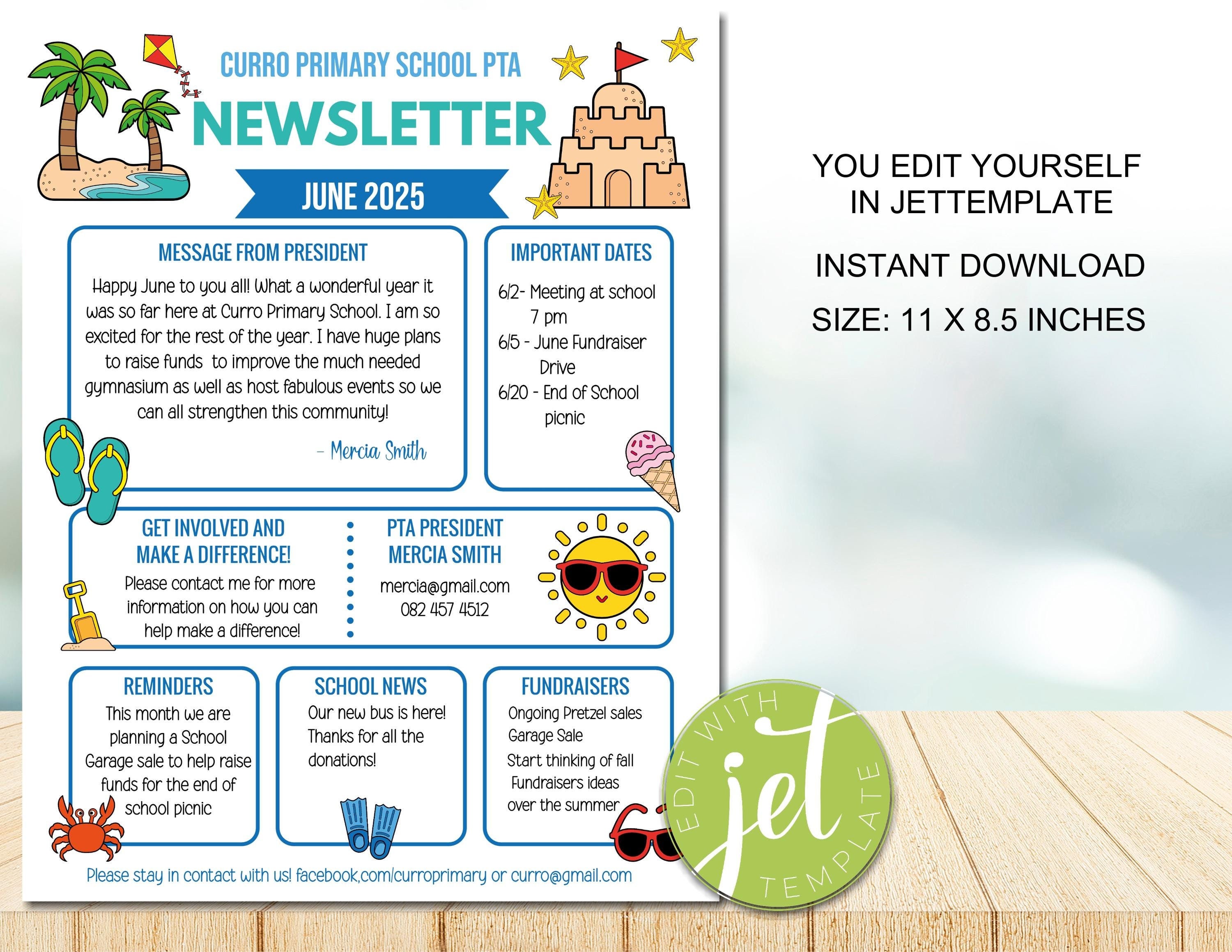 Editable june newsletter template pto pta summer newsletter school