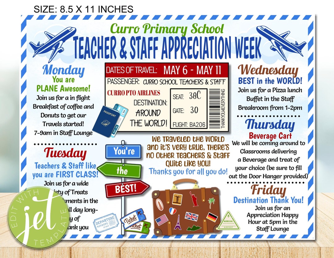 Editable World Travel Teacher Appreciation Week Itinerary Flyer ...