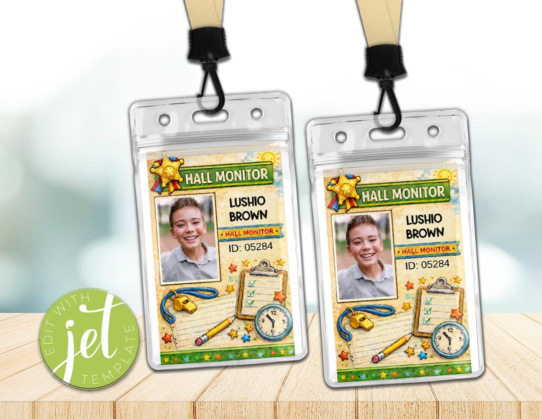 Hall Monitor ID Card Printable, Kids Pretend Play Badge, Classroom Role ...