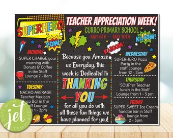 EDITABLE Superhero Theme Teacher Appreciation Week, Week Itinerary flyer, Instant download