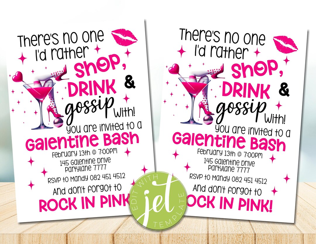 Editable Pink Galentine’s Day Invitation, Shop Drink Gossip Bash ...