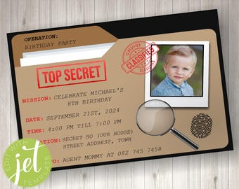 May include: A brown and black invitation with the words "Top Secret" in red. The invitation is for a birthday party and includes the details: "Celebrate Michael's 8th Birthday", "September 21st, 2024", "4:00 PM till 7:00 PM", "Secret HQ (Our House)", "Street Address, Town", and "Agent Mommy at 082 745 7458". A red stamp with the word "Classified" is in the upper right corner. A photo of a young boy is in the upper right corner of the invitation.