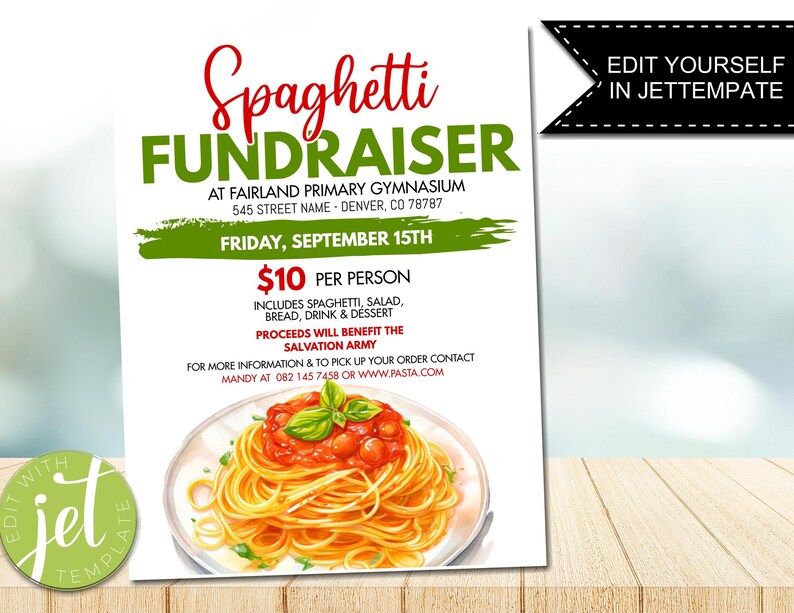 Spaghetti String Event EDITABLE Spaghetti Fundraiser Flyer, Printable PTA, PTO, School Church ...