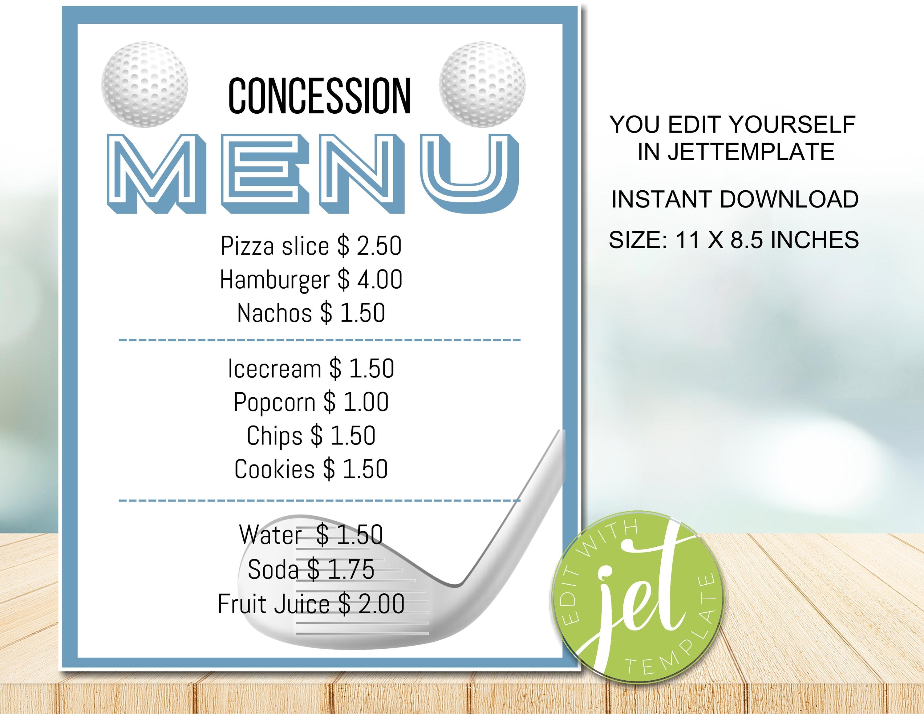 Golf Course Menu Template Editable Golf Concession Menu Theme, Concession Menu Template ...