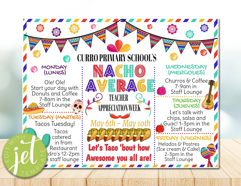 EDITABLE Nacho Average Teacher Appreciation Week Itinerary Poster ...