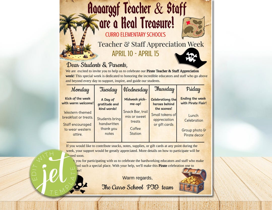 Editable Pirate Theme Teacher Appreciation Week Itinerary, School Staff ...