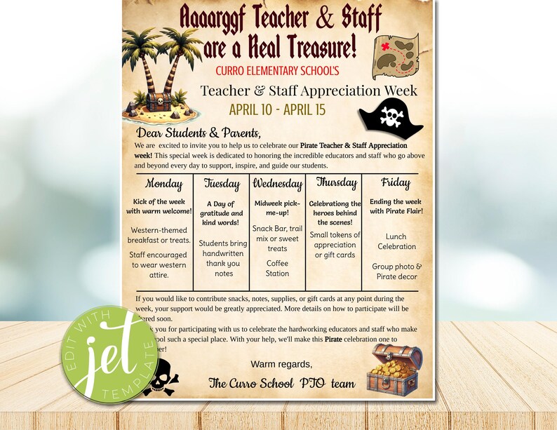 Editable Pirate Theme Teacher Appreciation Week Itinerary, School Staff ...